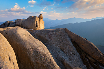 Image showing View from Ulsanbawi rock peak on sunset. Seoraksan National Park, South Corea