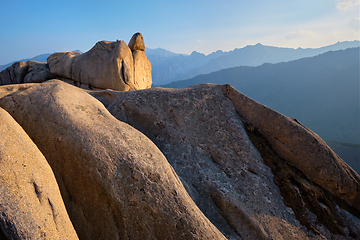 Image showing View from Ulsanbawi rock peak on sunset. Seoraksan National Park, South Corea