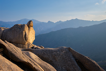 Image showing View from Ulsanbawi rock peak on sunset. Seoraksan National Park, South Corea