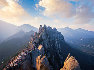 Image showing View from Ulsanbawi rock peak on sunset. Seoraksan National Park, South Corea