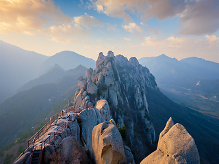 Image showing View from Ulsanbawi rock peak on sunset. Seoraksan National Park, South Corea