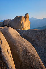 Image showing View from Ulsanbawi rock peak on sunset. Seoraksan National Park, South Corea