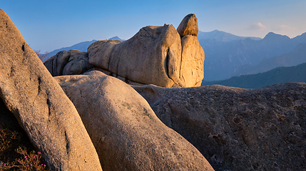 Image showing View from Ulsanbawi rock peak on sunset. Seoraksan National Park, South Corea