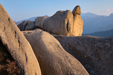 Image showing View from Ulsanbawi rock peak on sunset. Seoraksan National Park, South Corea