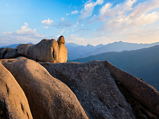 Image showing View from Ulsanbawi rock peak on sunset. Seoraksan National Park, South Corea