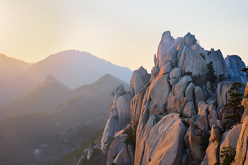 Image showing View from Ulsanbawi rock peak on sunset. Seoraksan National Park, South Corea