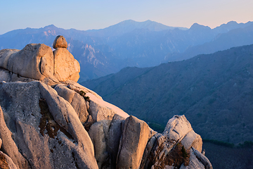 Image showing View from Ulsanbawi rock peak on sunset. Seoraksan National Park, South Corea