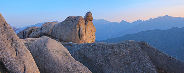 Image showing View from Ulsanbawi rock peak on sunset. Seoraksan National Park, South Corea