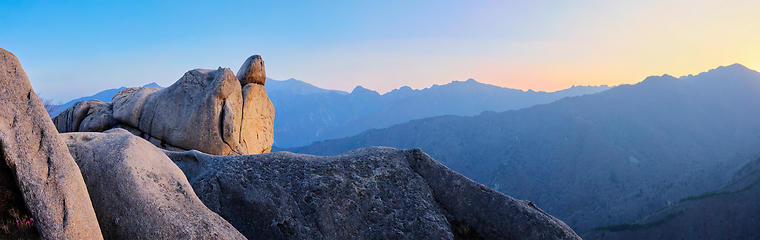 Image showing View from Ulsanbawi rock peak on sunset. Seoraksan National Park, South Corea