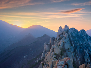 Image showing View from Ulsanbawi rock peak on sunset. Seoraksan National Park, South Corea