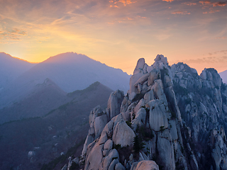 Image showing View from Ulsanbawi rock peak on sunset. Seoraksan National Park, South Corea