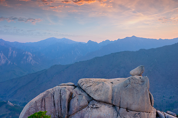 Image showing View from Ulsanbawi rock peak on sunset. Seoraksan National Park, South Corea