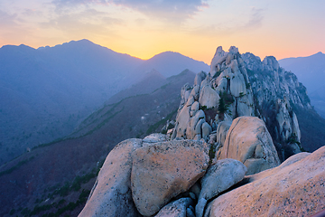 Image showing View from Ulsanbawi rock peak on sunset. Seoraksan National Park, South Corea