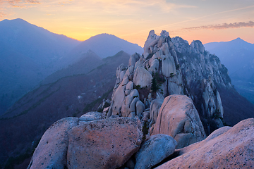 Image showing View from Ulsanbawi rock peak on sunset. Seoraksan National Park, South Corea