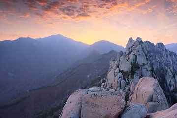 Image showing View from Ulsanbawi rock peak on sunset. Seoraksan National Park, South Corea