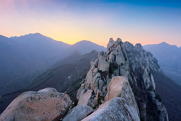 Image showing View from Ulsanbawi rock peak on sunset. Seoraksan National Park, South Corea