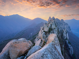 Image showing View from Ulsanbawi rock peak on sunset. Seoraksan National Park, South Corea