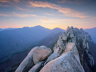 Image showing View from Ulsanbawi rock peak on sunset. Seoraksan National Park, South Corea