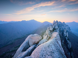 Image showing View from Ulsanbawi rock peak on sunset. Seoraksan National Park, South Corea