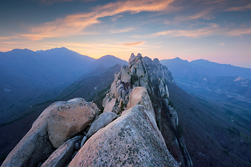 Image showing View from Ulsanbawi rock peak on sunset. Seoraksan National Park, South Corea