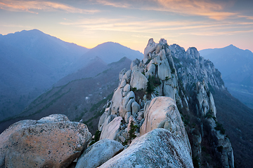 Image showing View from Ulsanbawi rock peak on sunset. Seoraksan National Park, South Corea