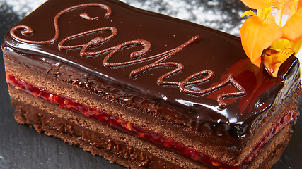 Image showing A piece of Sacher cake. Shallow dof.