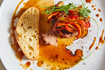 Image showing Delicious beef steak with vegetables. Shallow dof.