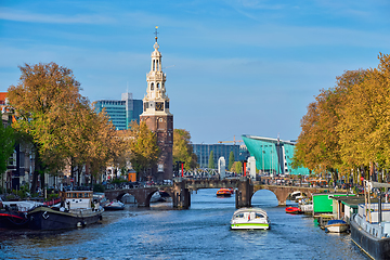 Image showing Amterdam canal, bridge and medieval houses