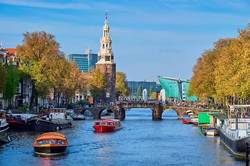 Image showing Amterdam canal, bridge and medieval houses