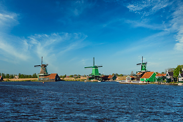 Image showing Windmills at Zaanse Schans in Holland. Zaandam, Netherlands