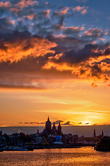 Image showing Amsterdam cityscape skyline with Church of Saint Nicholas on su