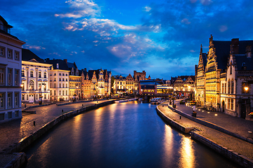 Image showing Graslei street and canal in the evening. Ghent, Belgium