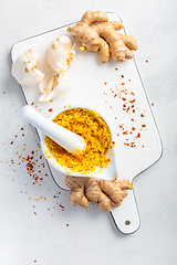 Image showing Homemade Fresh Ginger and Garlic paste or Adrak Lahsun puree in ceramic bowl