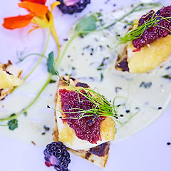 Image showing The foie gras with sauce. Shallow dof.