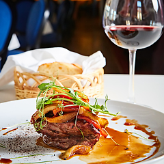 Image showing Delicious beef steak with vegetables. Shallow dof.