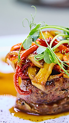 Image showing Delicious beef steak with vegetables. Shallow dof.