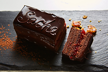 Image showing A piece of Sacher cake. Shallow dof.