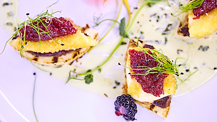 Image showing The foie gras with sauce. Shallow dof.