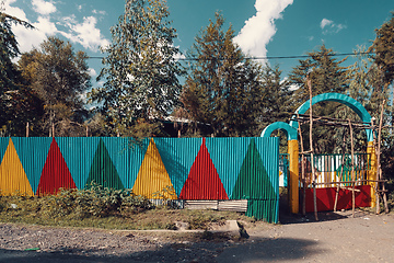 Image showing Color painted corrugated iron fence, Ethiopia