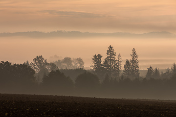 Image showing Autumn foggy and misty sunrise landscape