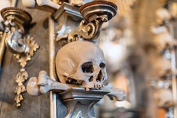 Image showing Human skulls and bones in ossuary Sedlec Kostnice