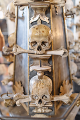 Image showing Human skulls and bones in ossuary Sedlec Kostnice