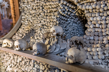 Image showing Human skulls and bones in ossuary Sedlec Kostnice