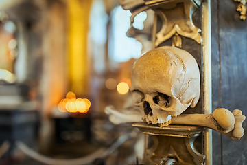 Image showing Human skulls and bones in ossuary Sedlec Kostnice