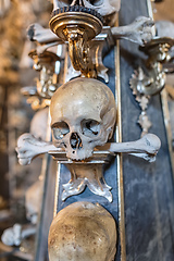 Image showing Human skulls and bones in ossuary Sedlec Kostnice