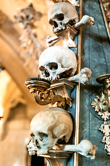 Image showing Human skulls and bones in ossuary Sedlec Kostnice