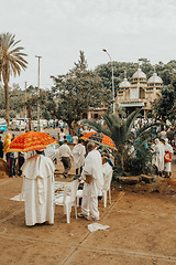 Image showing Orthodox Christian monk at worship on the street during easter