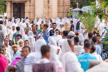 Image showing Orthodox Christian pilgrim at worship on the street during easter