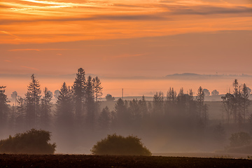 Image showing Fall foggy and misty sunrise landscape