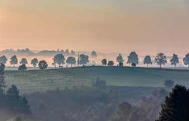 Image showing Fall foggy and misty sunrise landscape